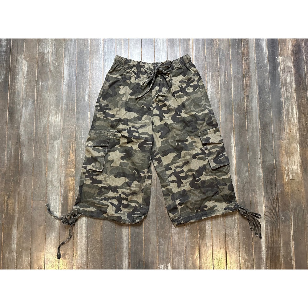 Athiral Camouflage Cargo Capris Green Brown Cotton Drawstring Cropped Pants